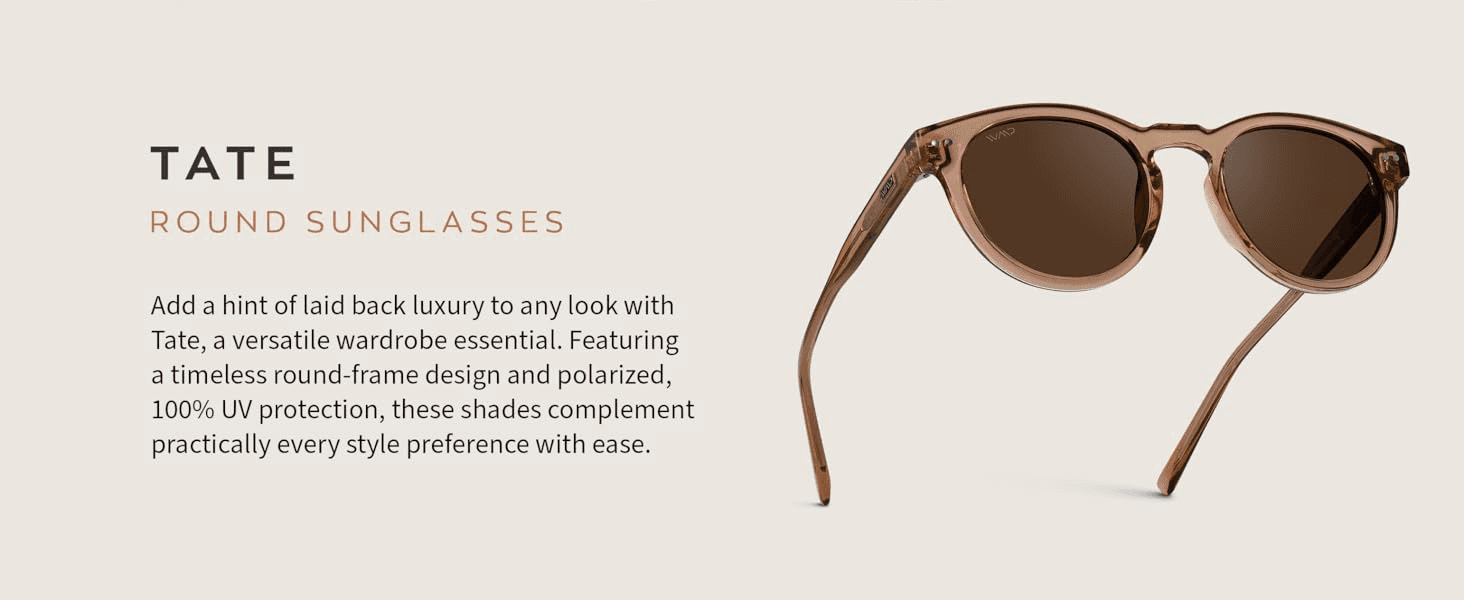 Introduces the Tate round sunglasses with a descriptive product story to help shoppers connect with the style and its core qualities.