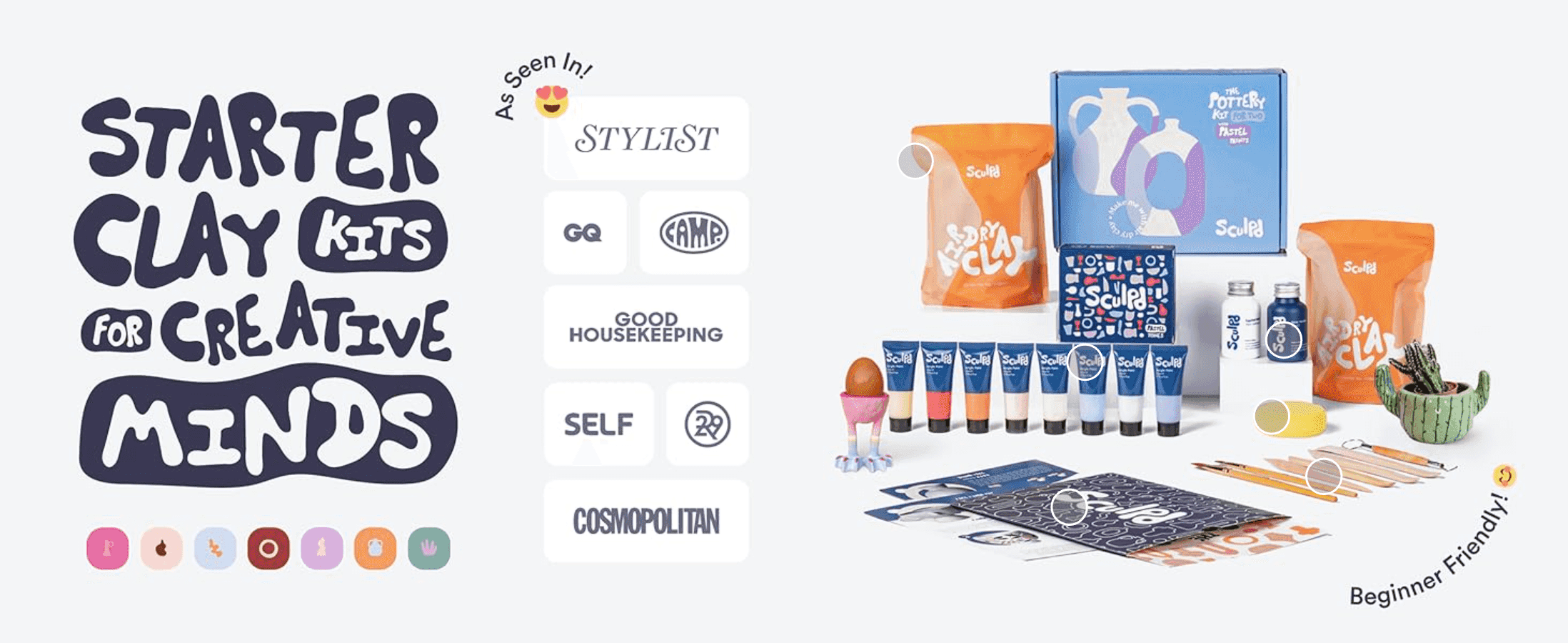 Builds credibility by showing the brand has been featured in well-known publications like GQ and Cosmopolitan. Displays everything included in the starter clay kit so shoppers know exactly what they…