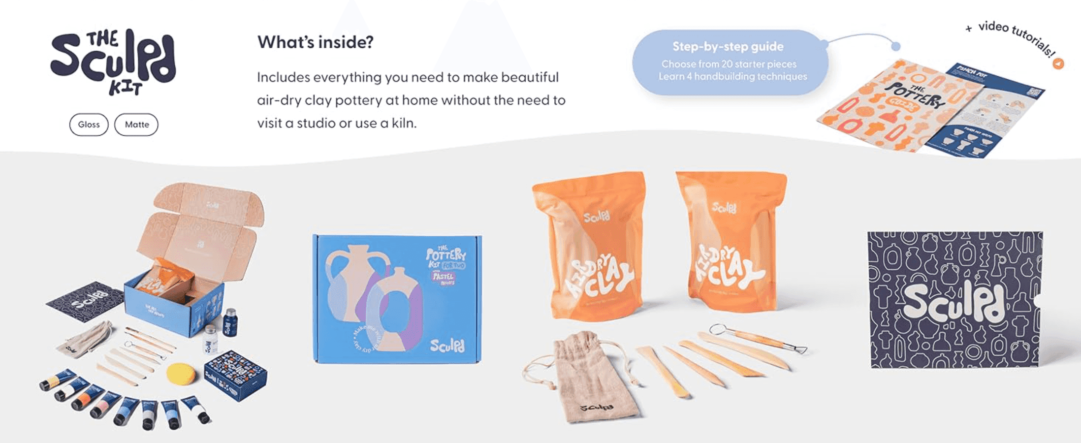 Shows shoppers everything included in the kit so they know they have all the tools needed to start pottery at home.
