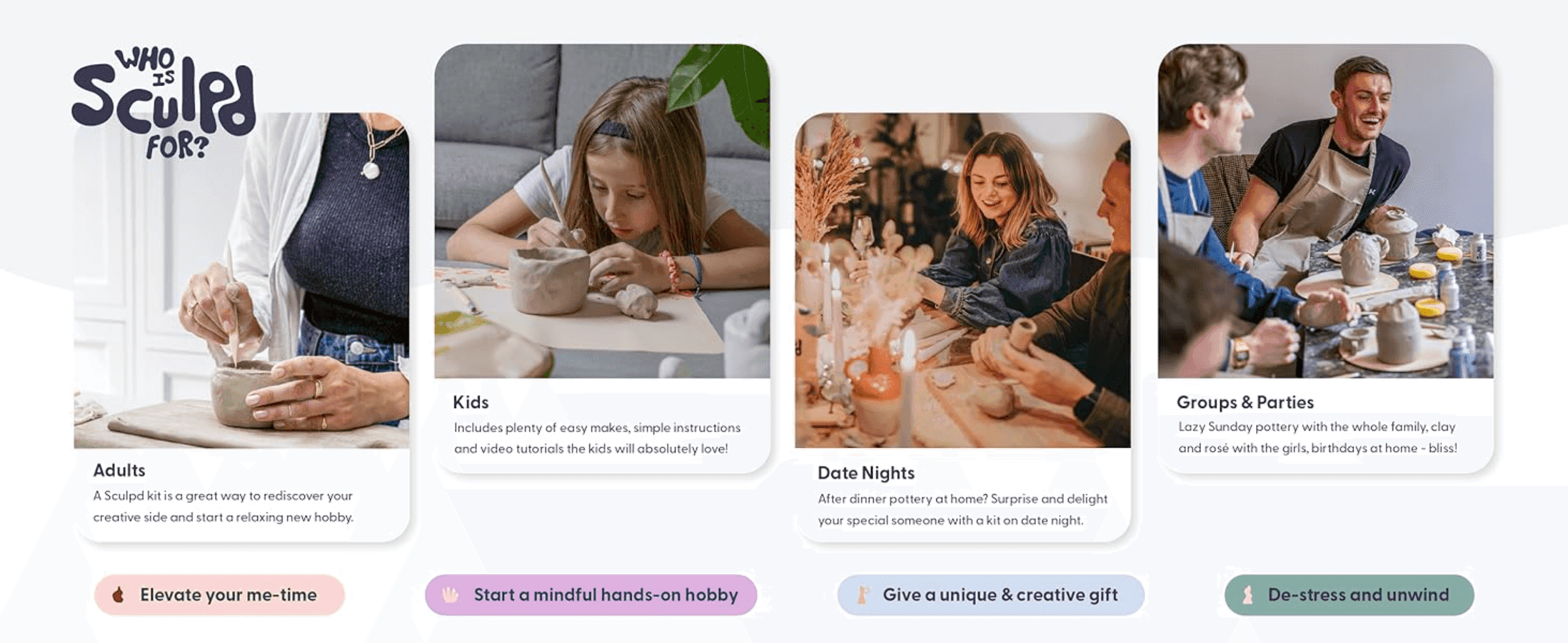 Shows the product suits multiple audiences and occasions - adults, kids, date nights, and group gatherings - to widen its appeal.