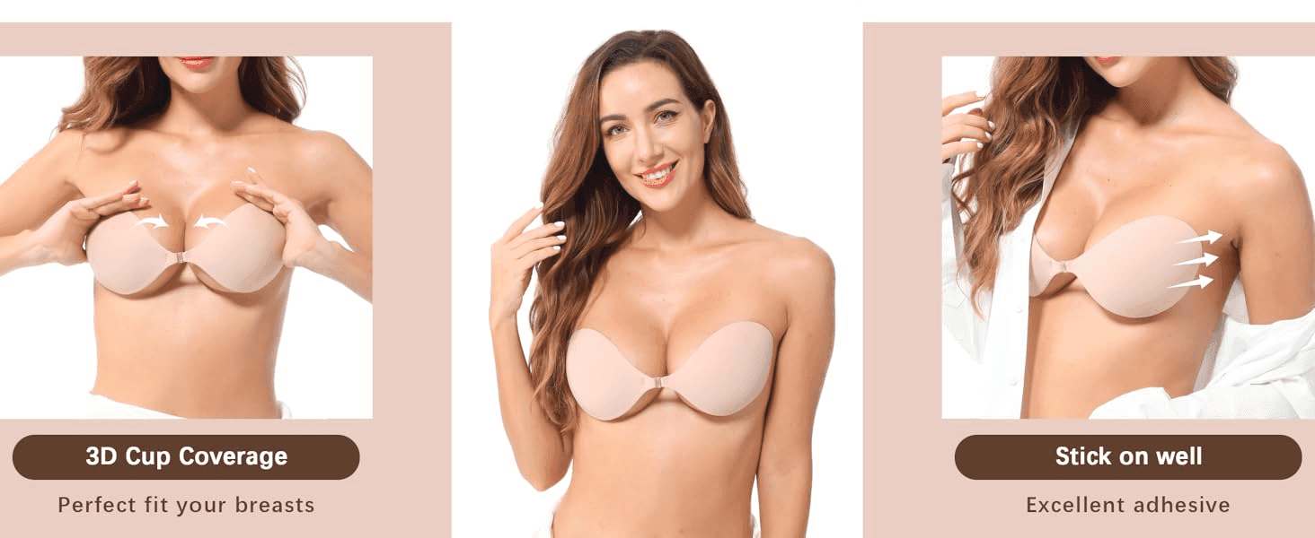 Shows fit and hold in three panels, reassuring shoppers the bra stays in place and covers well.
