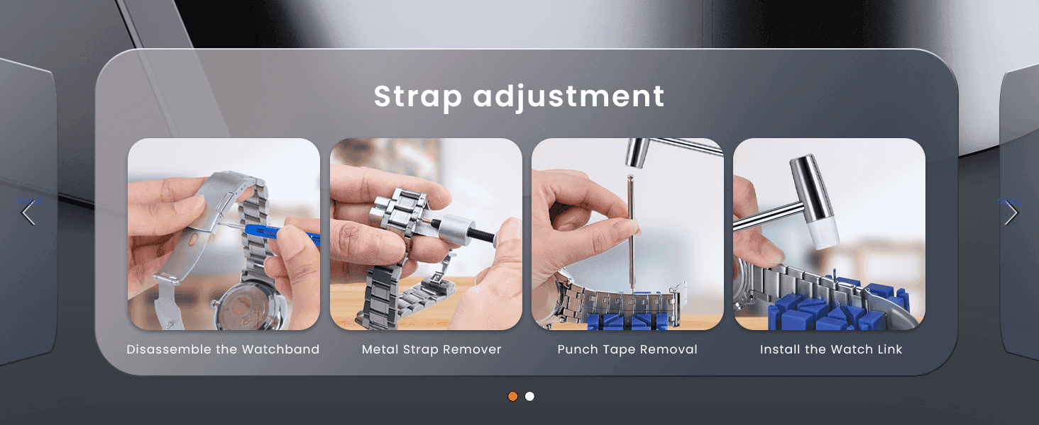 Walks the shopper through the 4-step process of adjusting a metal watch strap using the kit's tools.