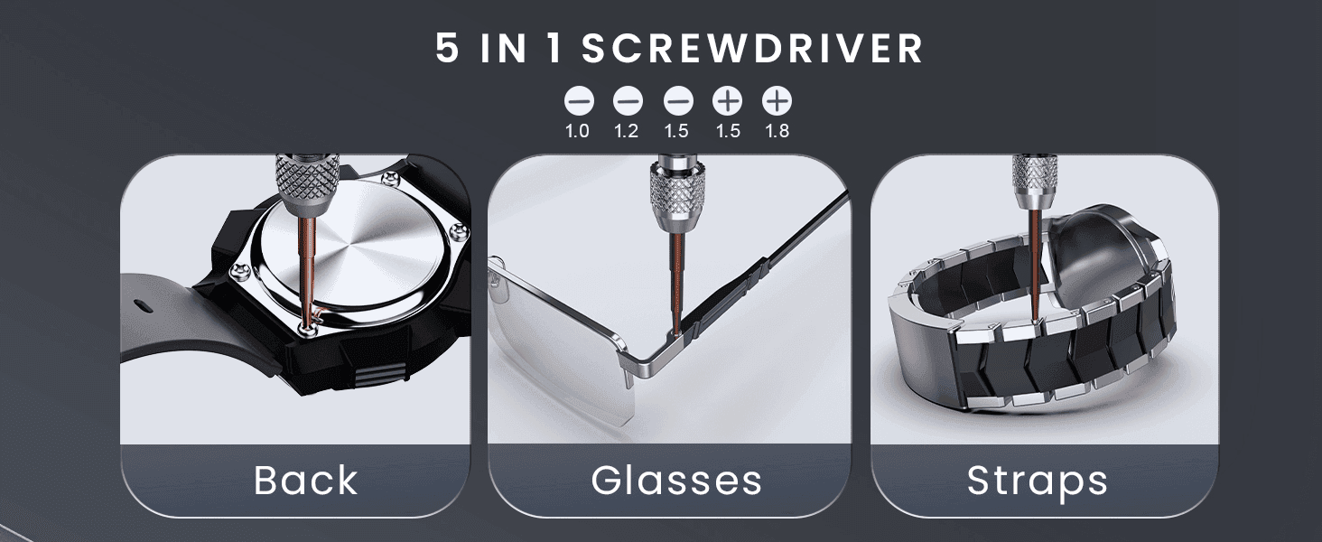 Shows the 5-in-1 screwdriver working across three different repair scenarios to demonstrate versatility.