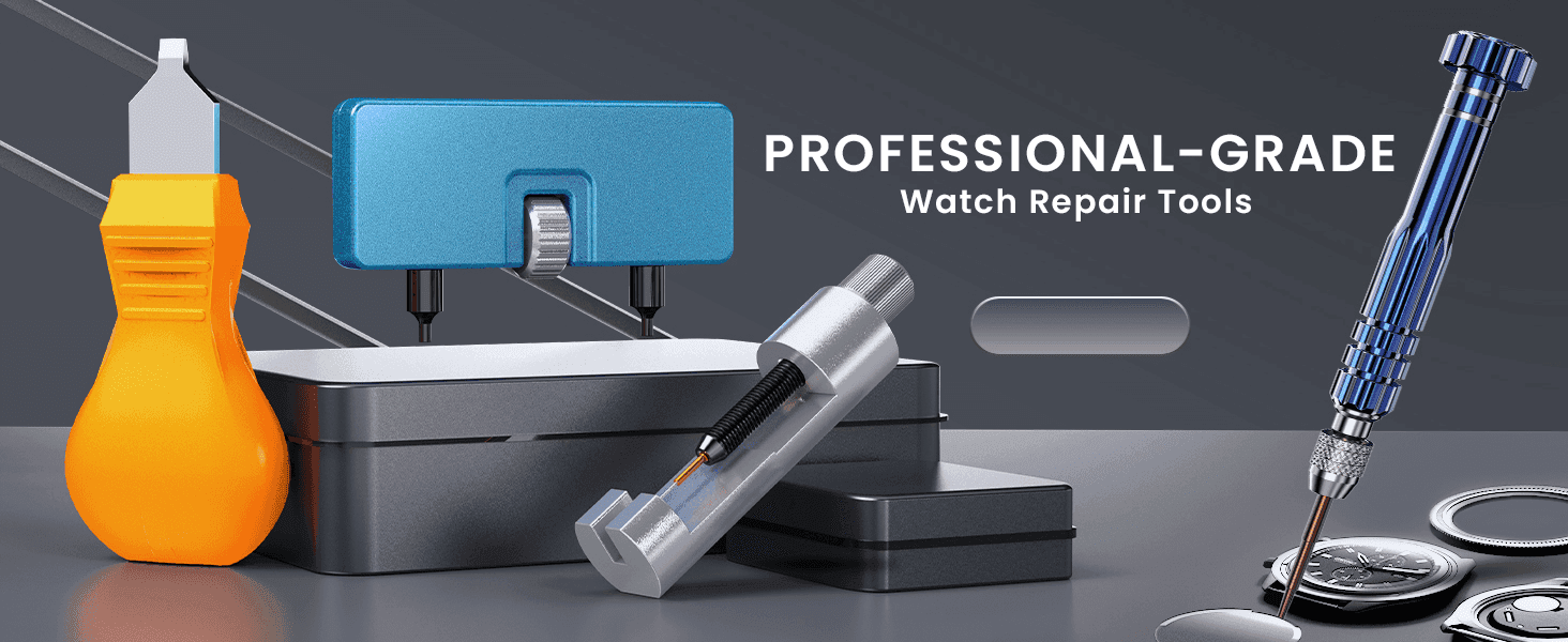 Introduces the toolkit as professional-grade watch repair equipment to build credibility before detailing individual tools. Previews the range of tools included in the kit, such as oil, case, and…
