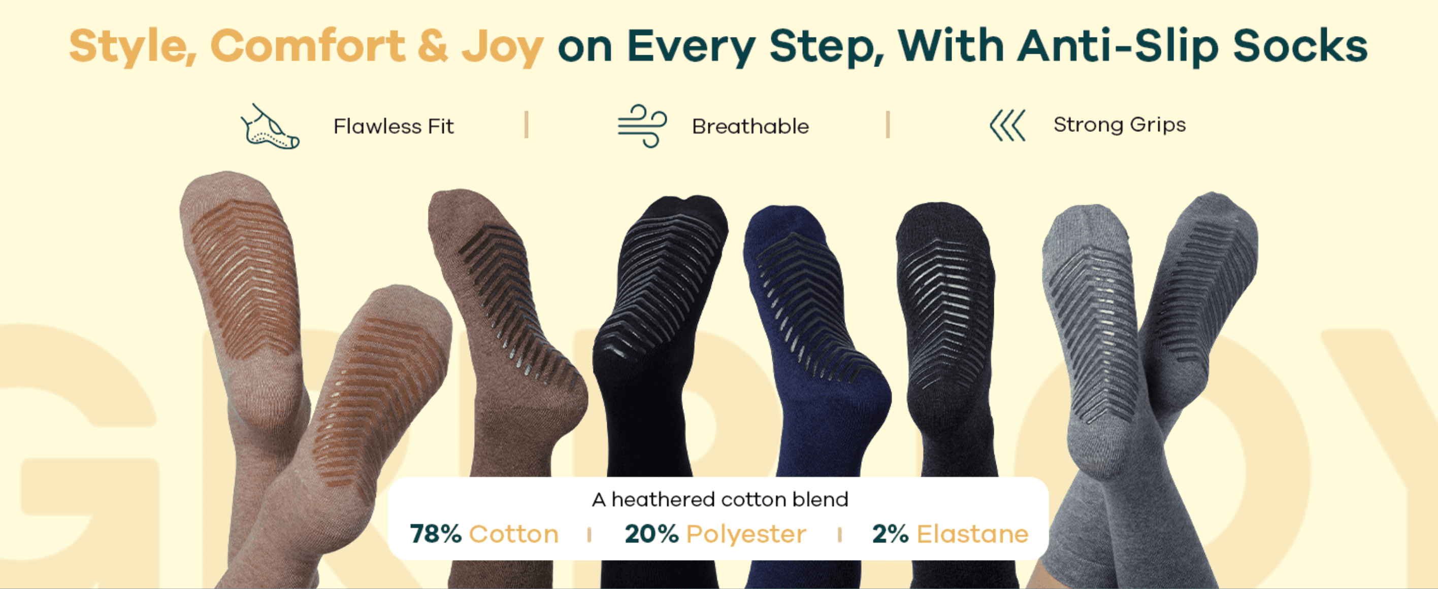 Highlights the socks' fit, breathability, grip and material composition to reassure shoppers of quality and comfort.