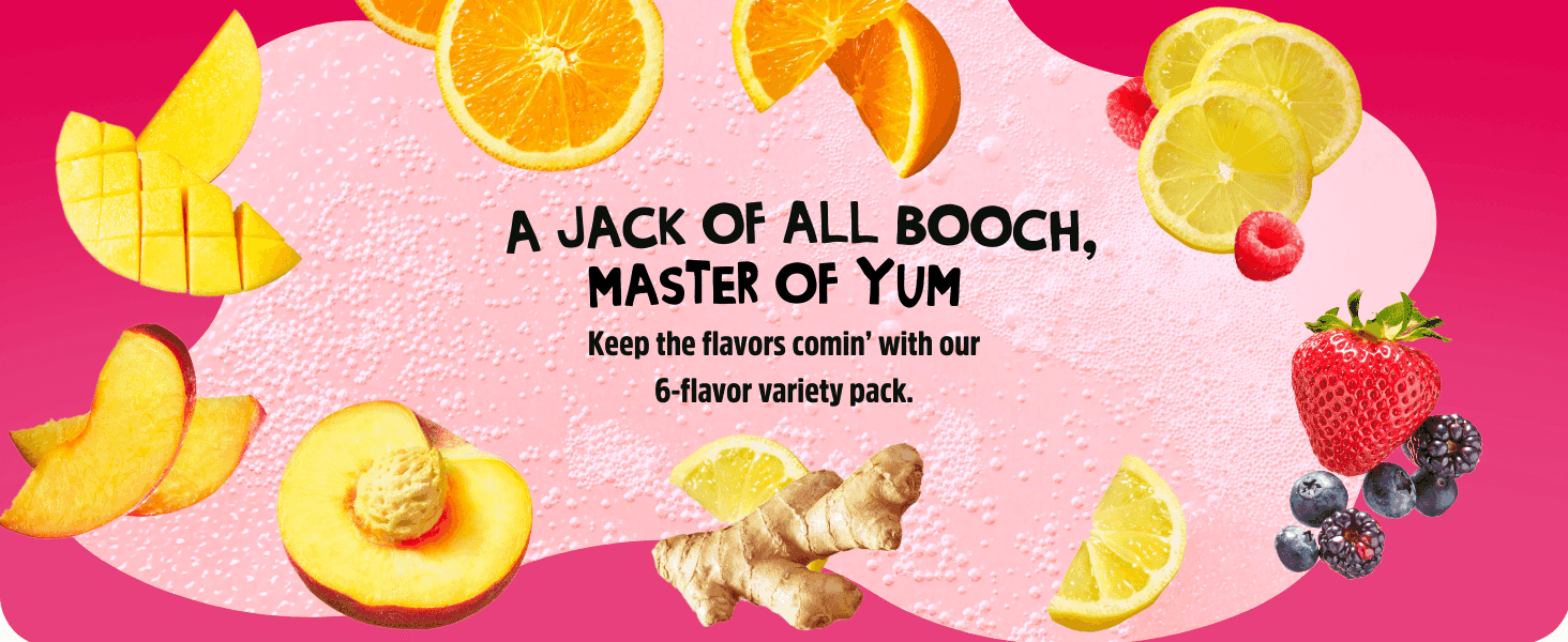 Highlights the 6-flavor variety pack using scattered fruit imagery to convey a wide range of tasty flavor options.