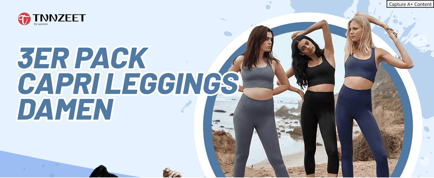 Introduces the TNNZEET brand and the 3-pack capri leggings product alongside a lifestyle beach photo to open the A+ section.