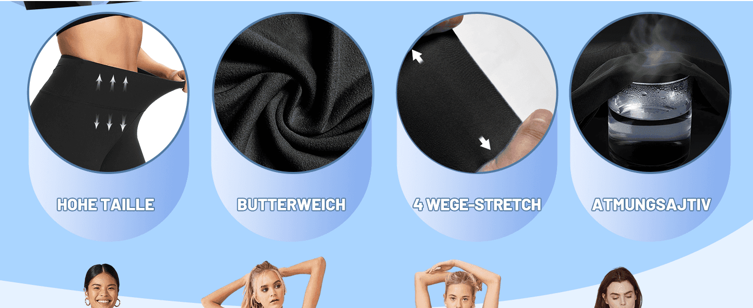 Showcases four distinct fabric and fit benefits in a segmented circular callout layout to reassure shoppers of comfort and performance.
