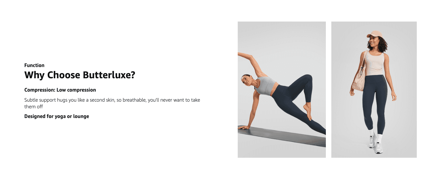 Explains the low-compression, second-skin fit to help shoppers understand the garment's comfort level for yoga or lounging.