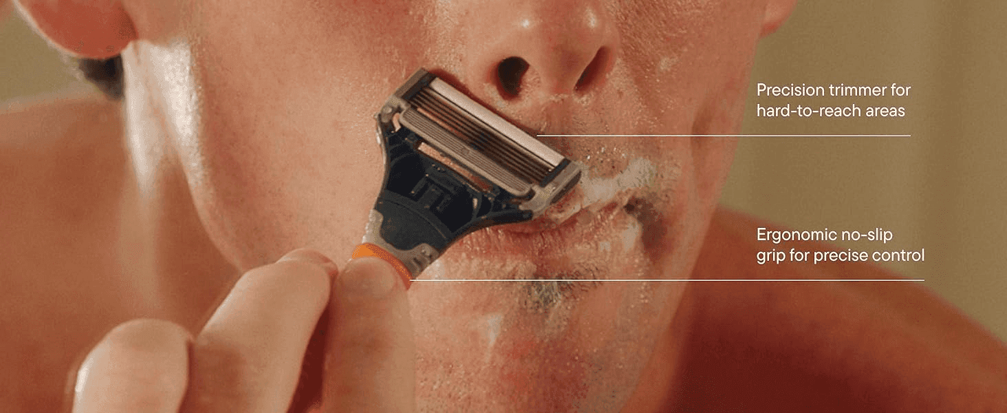 Points to specific parts of the razor in use to explain how the trimmer and grip design aid a close shave. Highlights two benefits during real use: precise trimming in hard-to-reach areas and a…