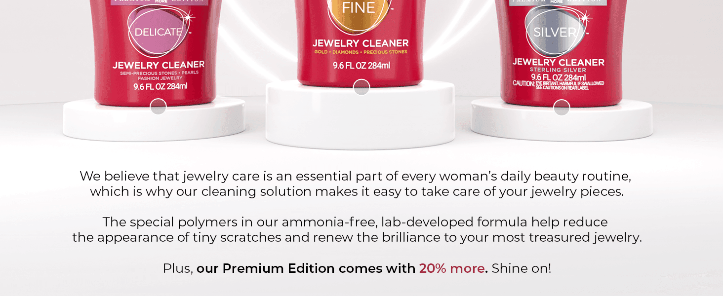 Introduces the Delicate, Fine and Silver cleaner variants and explains the ammonia-free formula reduces scratches and renews shine.