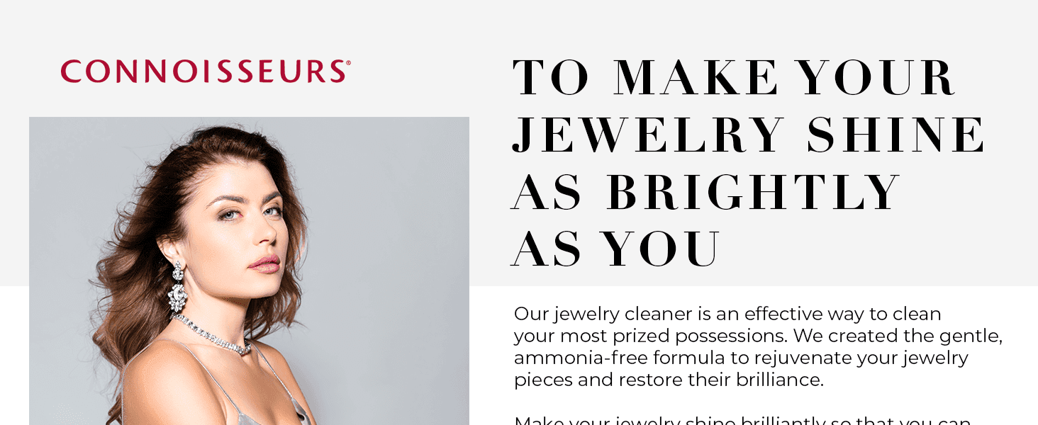 Introduces the brand and reassures shoppers the jewelry cleaner is gentle and ammonia-free while restoring shine.
