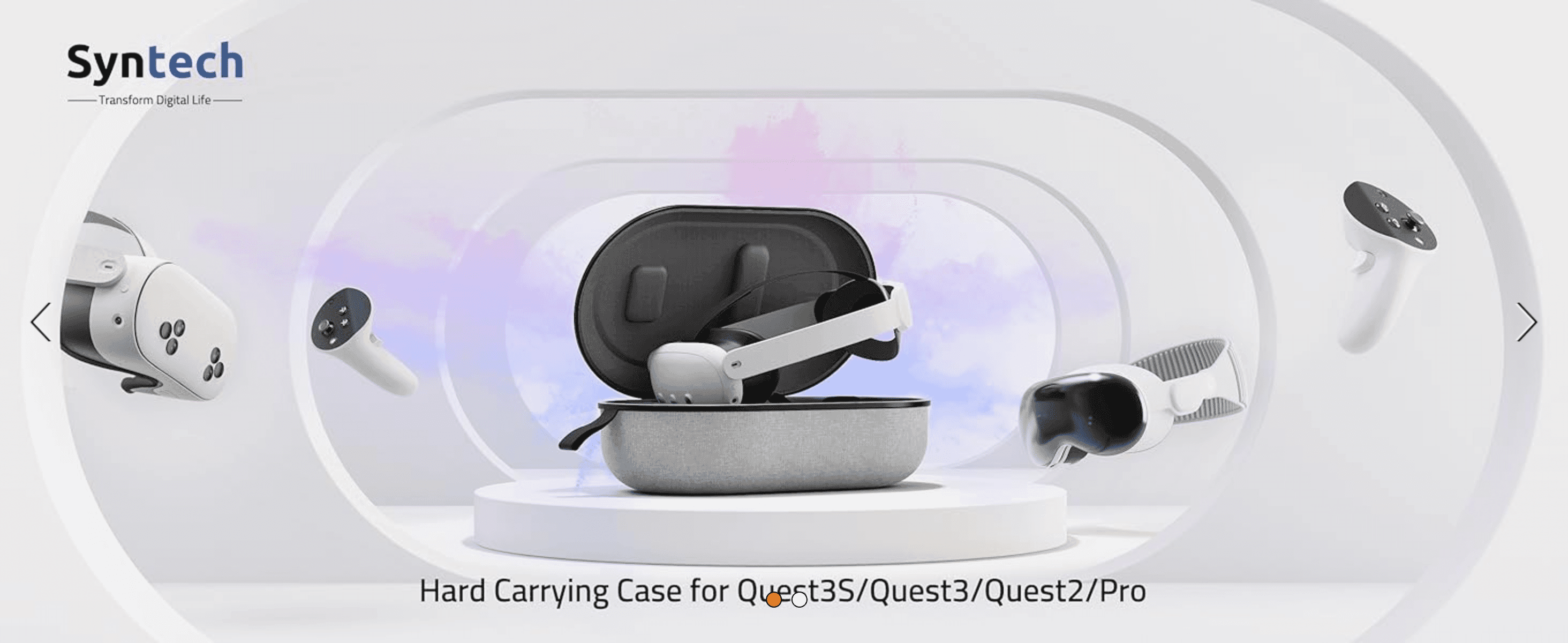 Establishes brand identity with a stylized hero shot of the case and accessories. Shows the case is compatible with multiple Quest headset models.