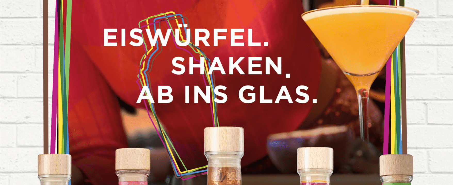 Sums up how simple the cocktail is to make (ice, shake, pour) so shoppers see it as effortless. Uses one bold headline over a bartender scene to sell quick, bar-style cocktails at home.