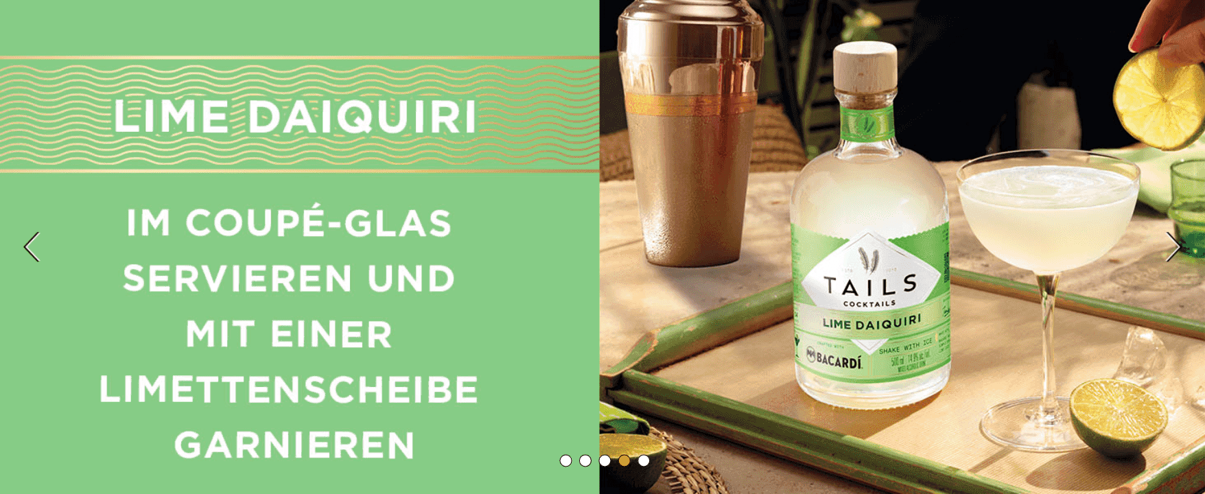 Tells shoppers how to serve and garnish the Lime Daiquiri so they feel confident preparing it. Pairs one clear serving tip with a lifestyle photo of the finished drink.