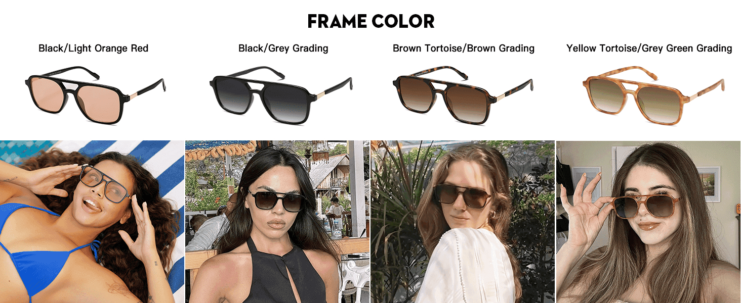 Shows the full range of frame color options styled on real people to help shoppers pick their favorite look.