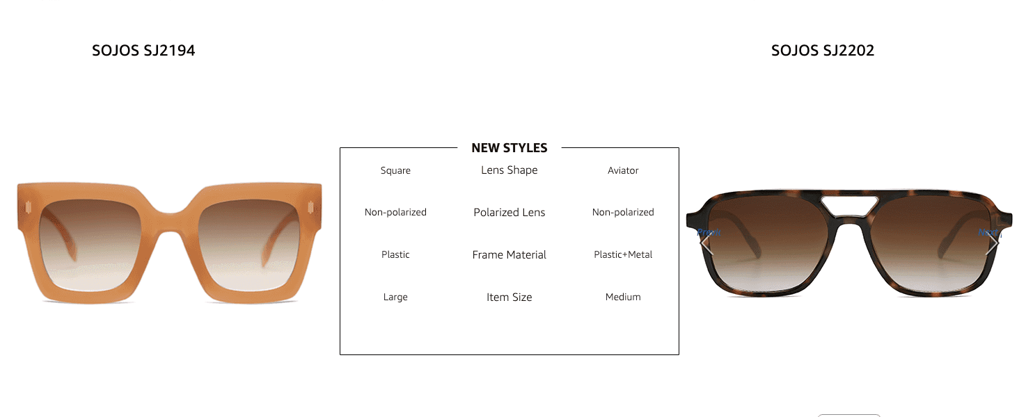 Compares two styles within the brand's lineup side-by-side so shoppers can pick the frame shape and lens type that suits them.
