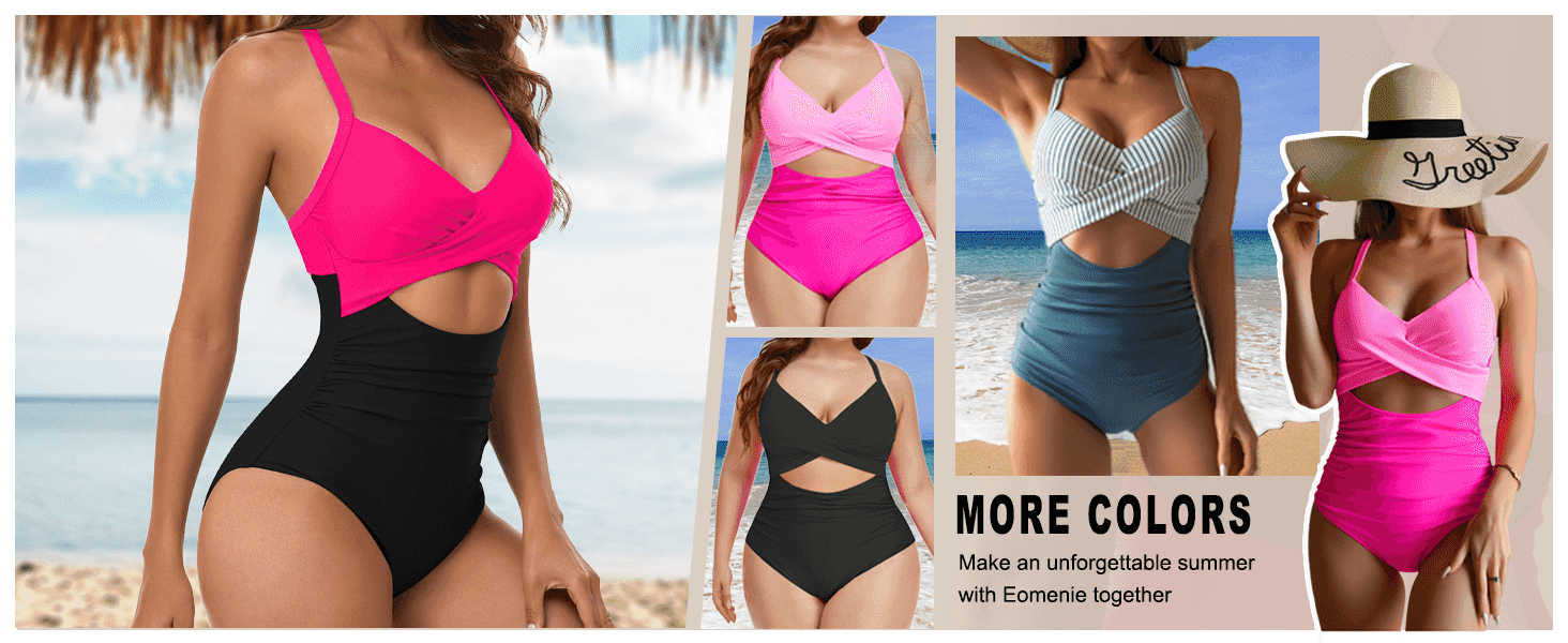 Showcases the swimsuit across multiple colors and views to help shoppers pick their favorite variant.