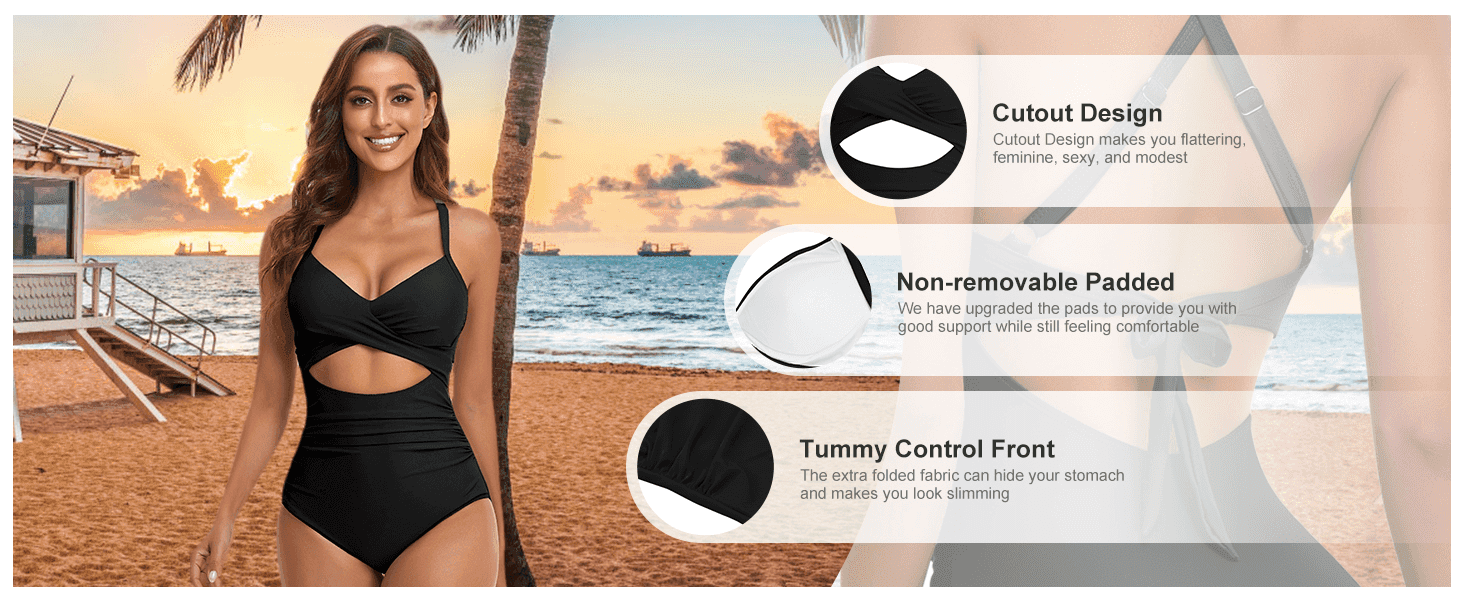 Points to three specific construction details to prove the swimsuit is flattering, supportive, and slimming.
