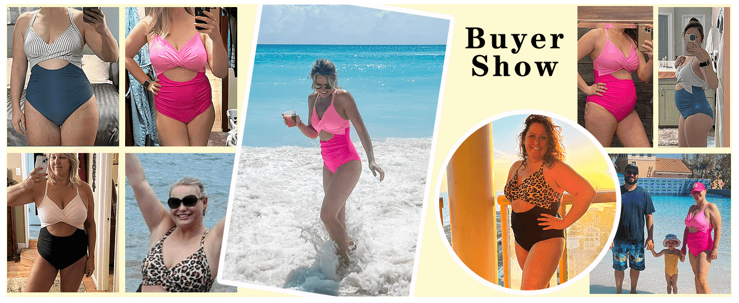 Displays real customer photos wearing the swimsuit to build social proof through authentic, unedited images.