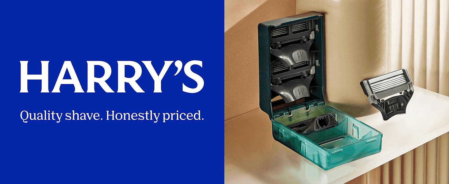 Introduces the Harry's brand with its logo and value tagline alongside the product to build trust before detailing features.
