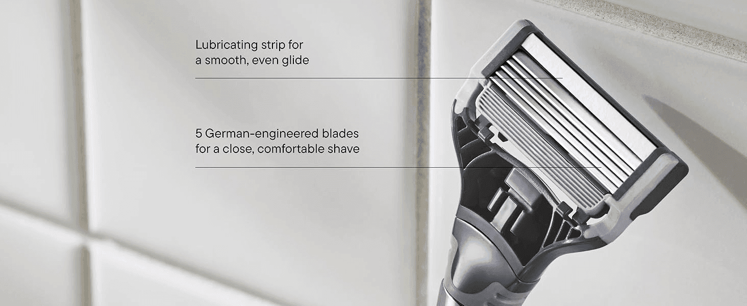 Points to specific parts of the blade cartridge to explain what makes the shave close and comfortable. Highlights two distinct product features via callout lines to build confidence in shave quality.