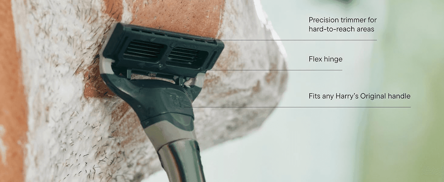 Labels the trimmer's physical components to show shoppers how the tool is built. Communicates three distinct product benefits via callout lines on one product photo.