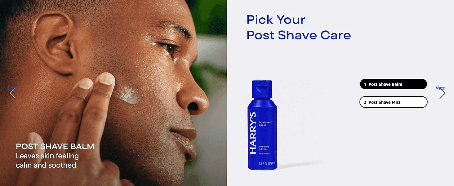 Lets shoppers choose between the brand's post-shave care products via a carousel selector. Highlights the post-shave balm's soothing benefit alongside a lifestyle shot of it in use.