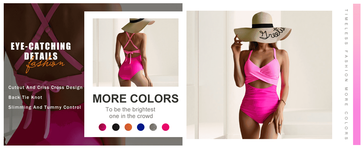 Highlights the swimsuit's cutout, criss-cross back and tummy-control design details alongside a lifestyle shot to build desirability. Shows that the style is available in multiple colors so shoppers…