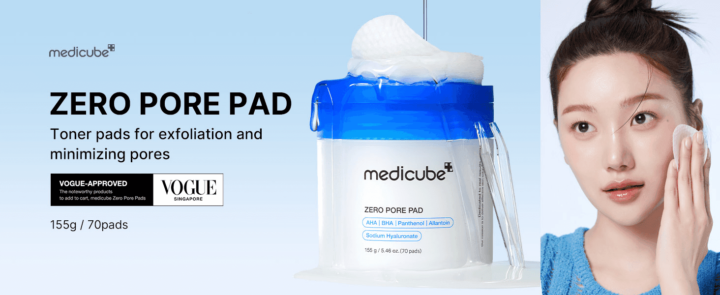 Builds credibility by showing the product was recommended by Vogue Singapore. Introduces the toner pads as an easy way to exfoliate and minimize pores.