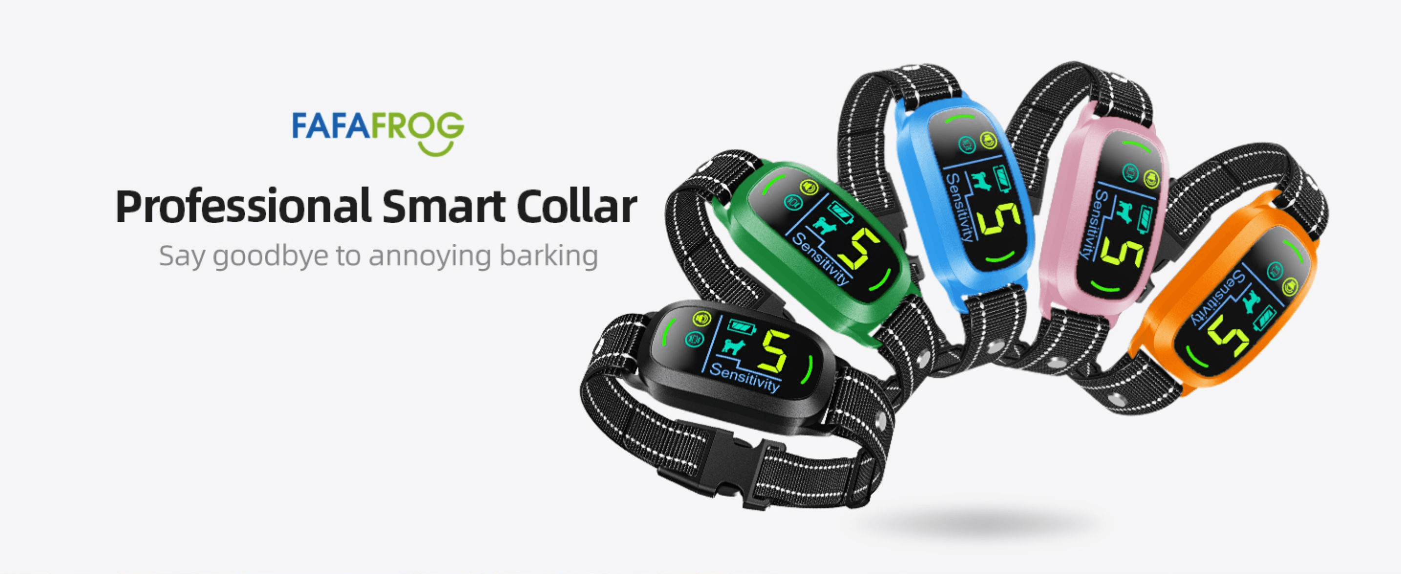 Communicates the collar's core benefit of stopping unwanted barking, reassuring the shopper it solves their main problem. Shows the collar is available in multiple colors so shoppers can pick the…