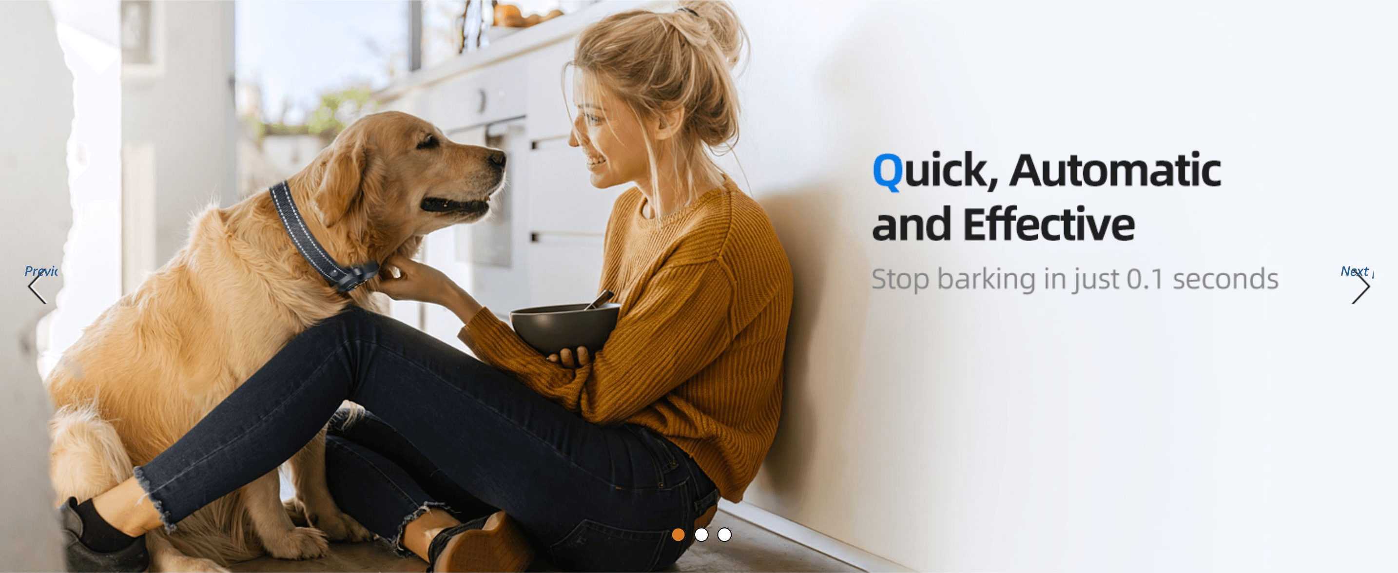 Reassures shoppers the collar stops barking almost instantly, shown through a warm lifestyle scene with the dog owner.