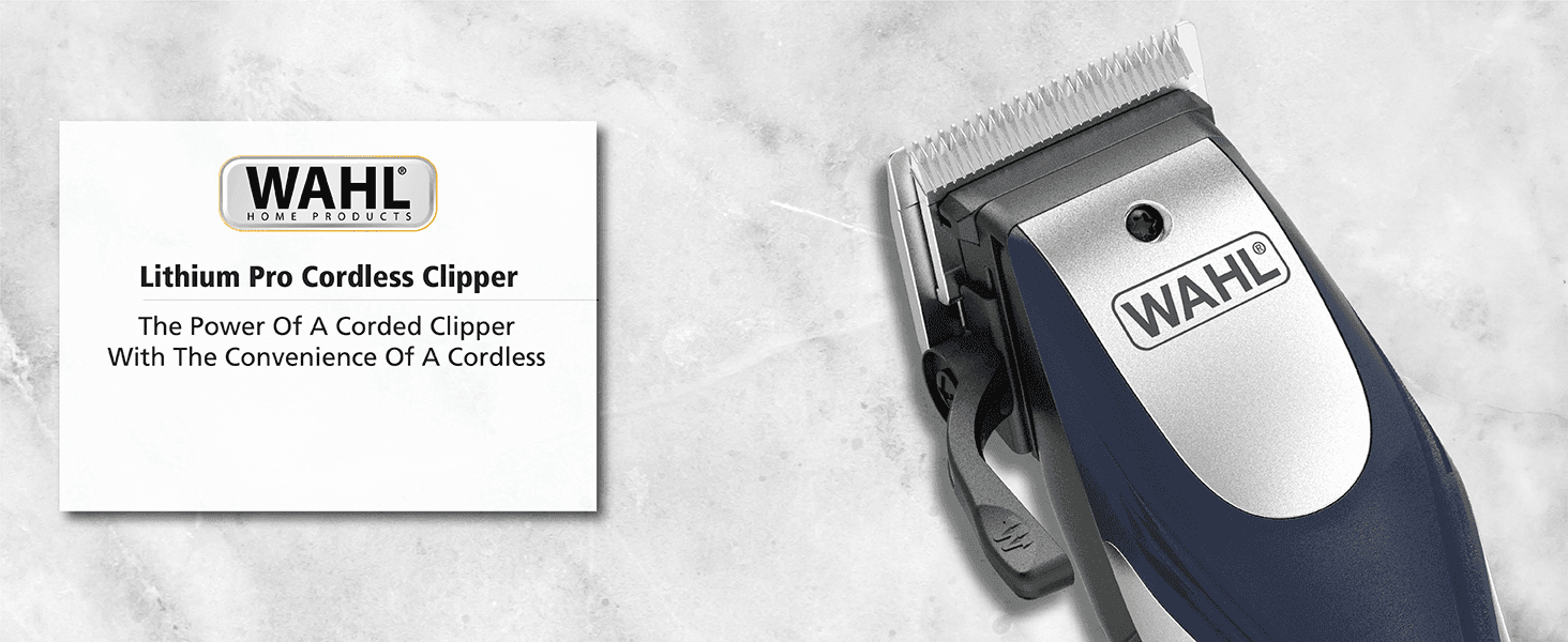 Introduces the Wahl Lithium Pro clipper with the brand logo and a corded-power, cordless-convenience claim to build trust.