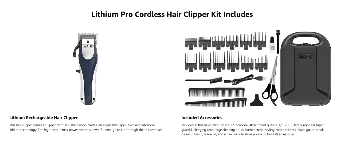 Shows the clipper and every included accessory so shoppers know what comes in the box.
