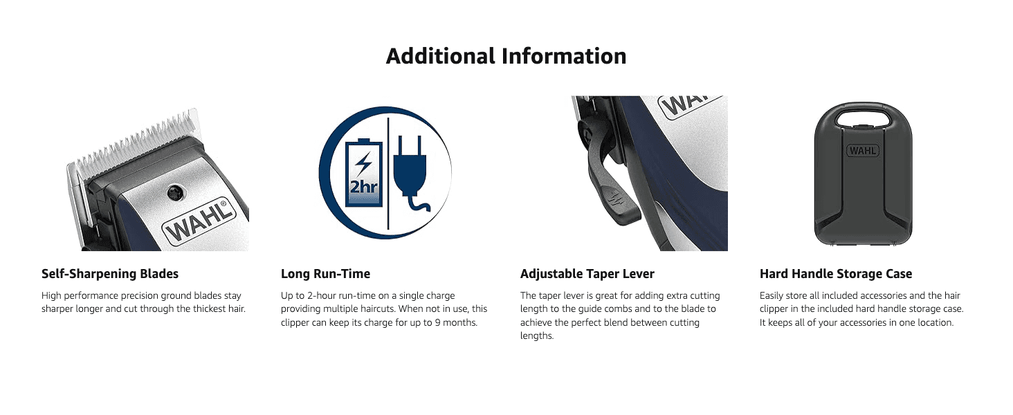 Presents four separate clipper benefits (blades, run-time, taper lever, storage case) in a clear grid so shoppers see the key selling points at a glance.