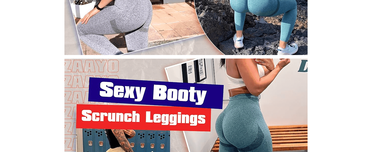 Uses a lifestyle photo collage with a bold tagline to highlight the flattering, booty-lifting scrunch design of the leggings.