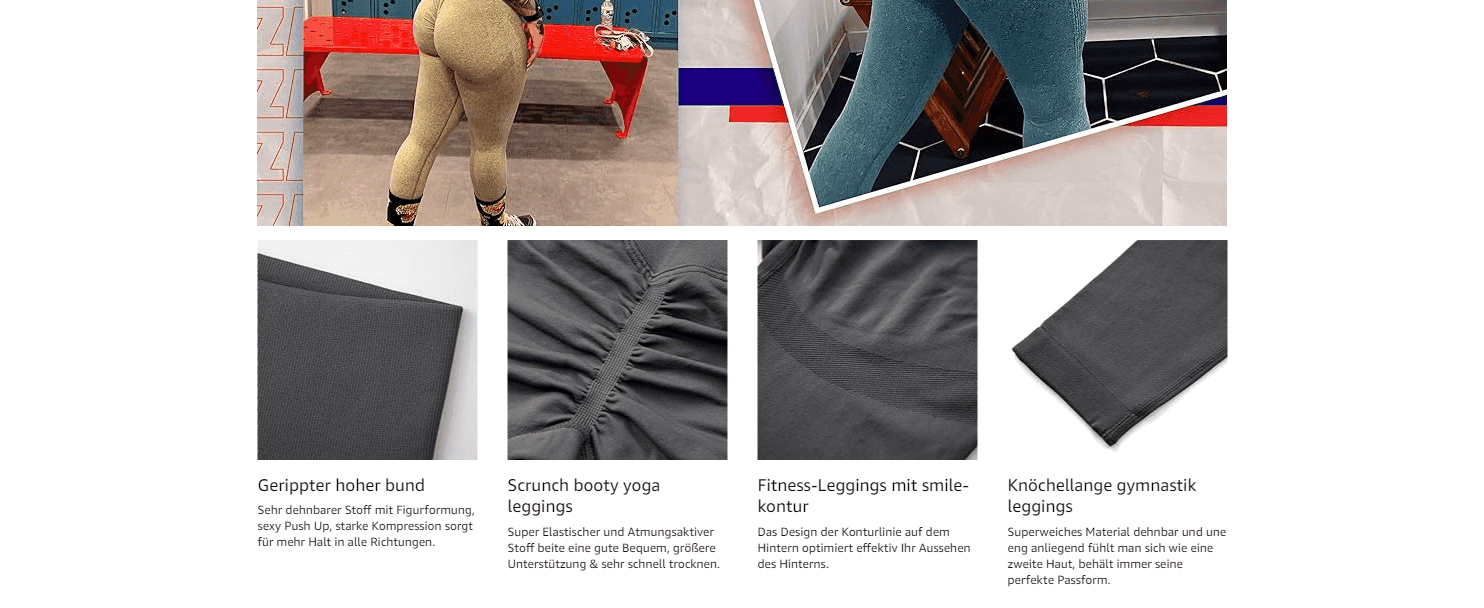 Pairs lifestyle photos with four labeled fabric close-ups to explain the waistband, scrunch fit, smile-contour seam and ankle length in one segmented layout.