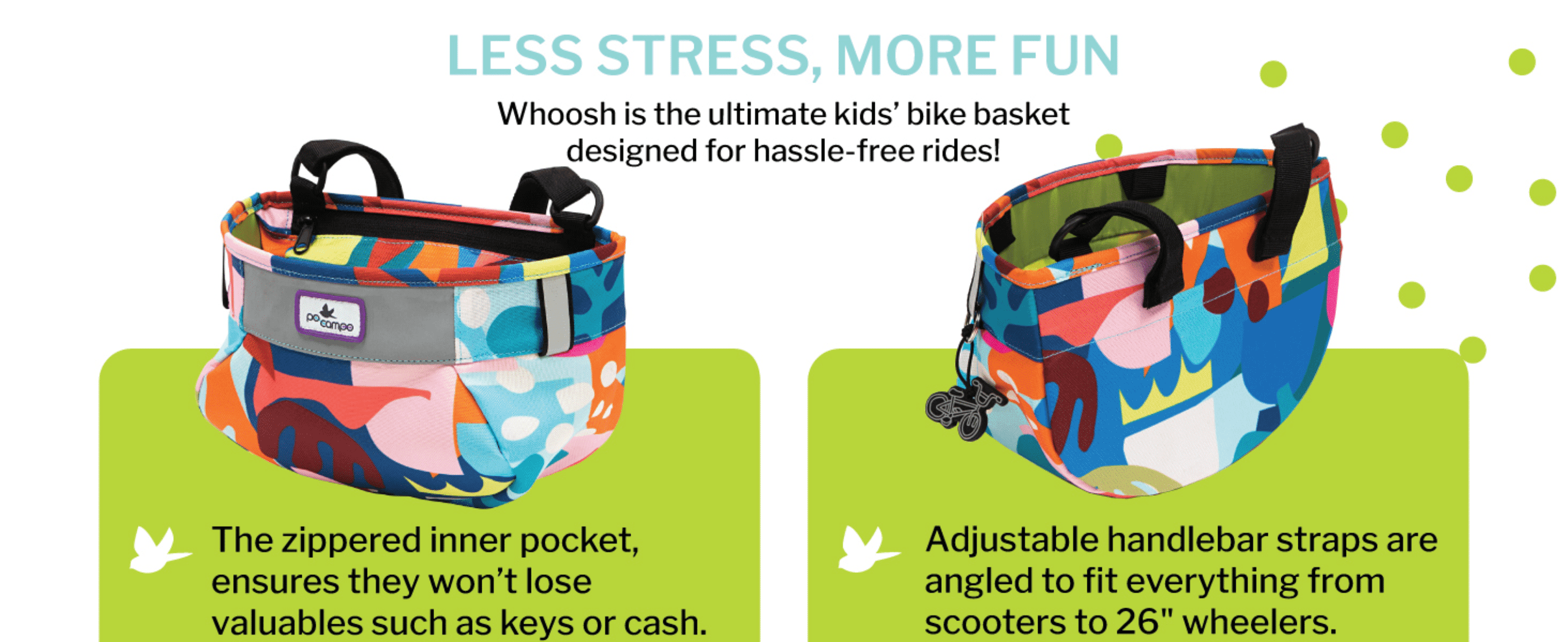 Highlights two distinct functional benefits — secure storage and adjustable fit — in a segmented two-panel layout.