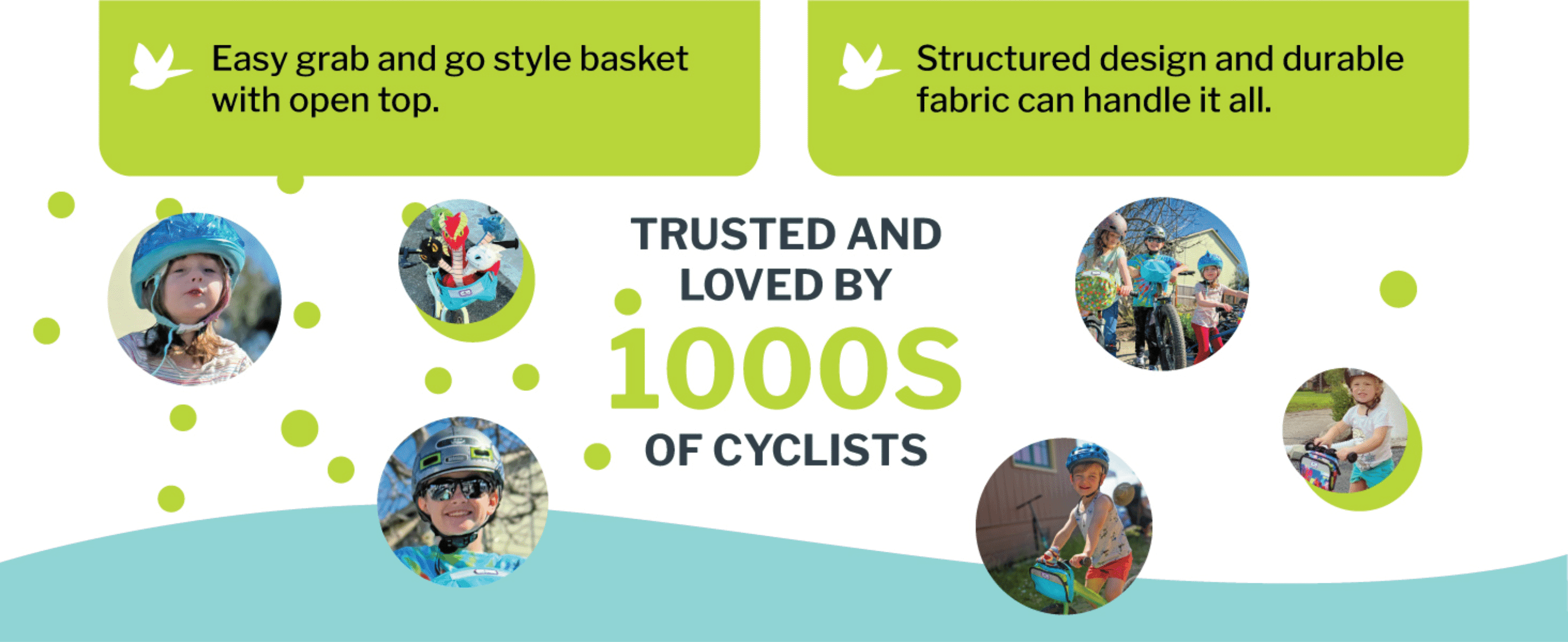 Highlights two key basket features while building trust through a collage of real cyclist photos. Shows a scattered grid of real customer photos to prove the product is loved by thousands of cyclists.