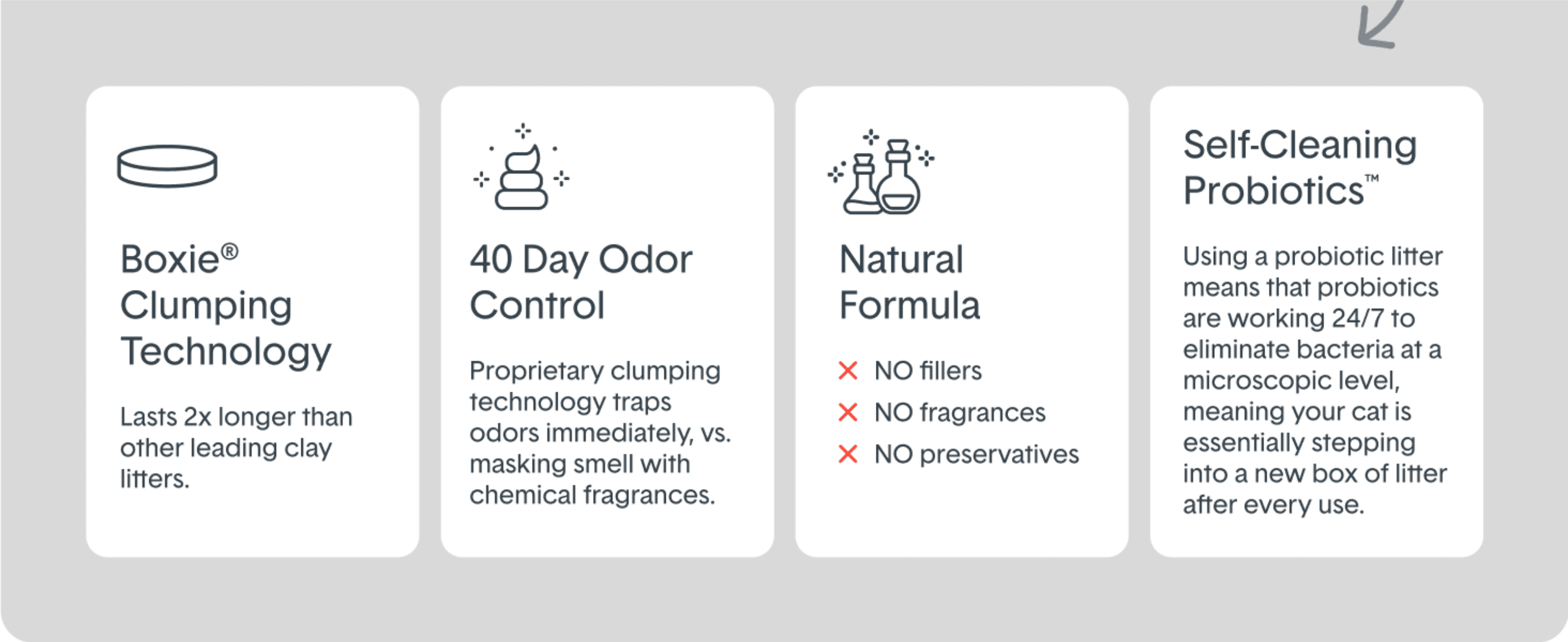 Breaks down four distinct product benefits in a segmented grid so shoppers can quickly scan the litter's key selling points.