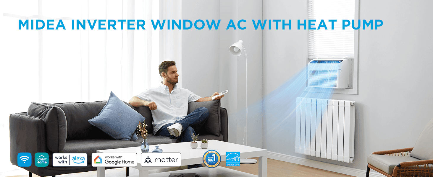 Presents the AC as a comfortable all-season unit that works with smart home platforms. Shows the Alexa, Google Home and Matter compatibility badges so shoppers know it fits their smart home setup.