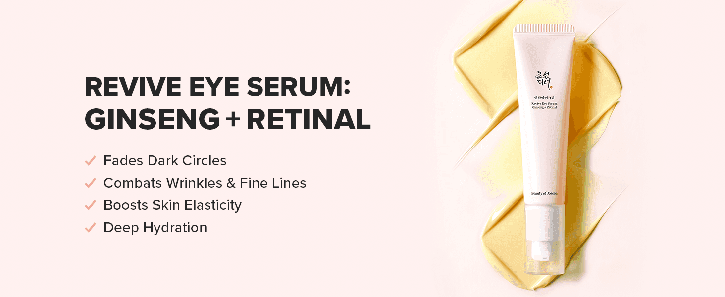 Lists the serum's core skincare benefits to convince shoppers it addresses multiple eye-area concerns at once.