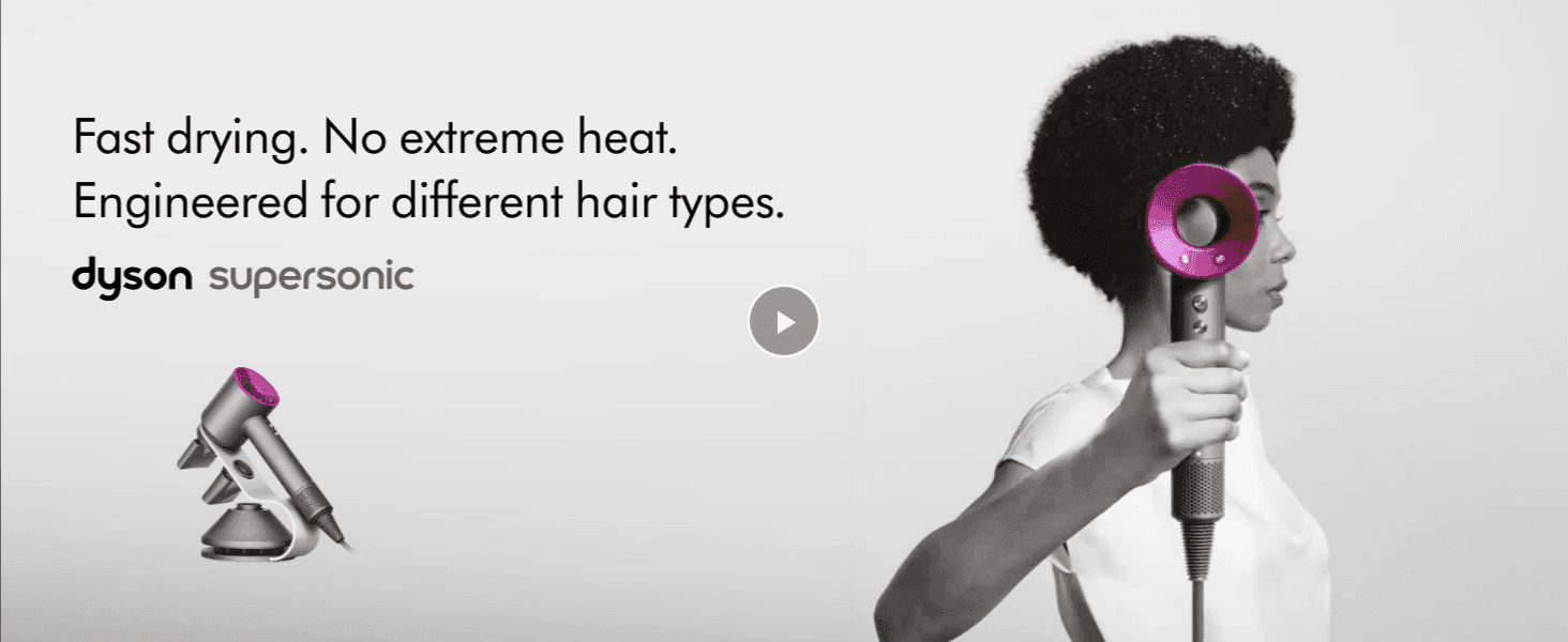 Highlights the Dyson Supersonic's fast, low-heat drying performance engineered for different hair types.