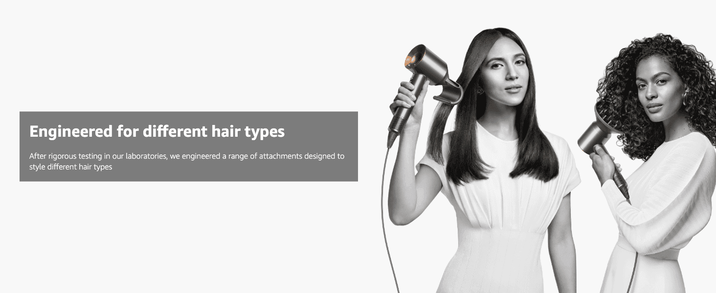 Shows two models with different hair textures to prove the dryer's attachments are engineered to style any hair type effectively.