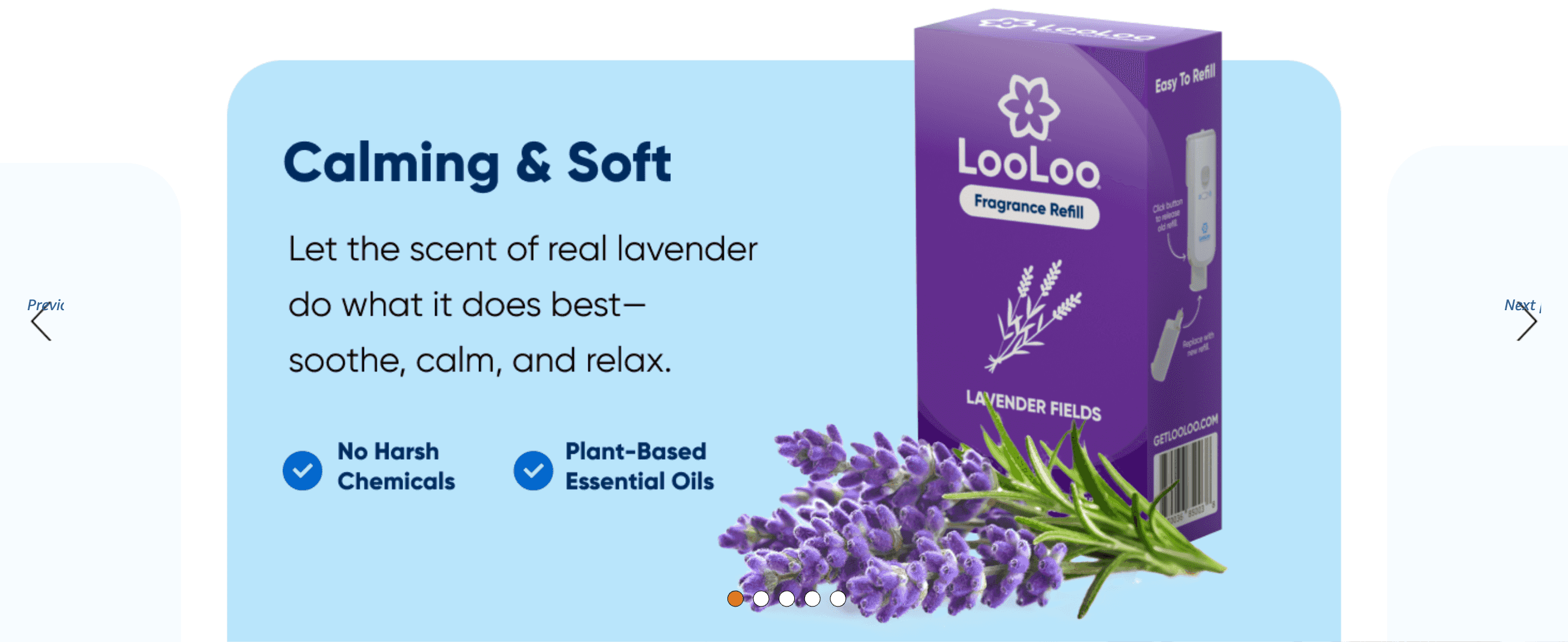 Highlights the calming real-lavender fragrance and clean plant-based ingredients to reassure shoppers about scent and safety.