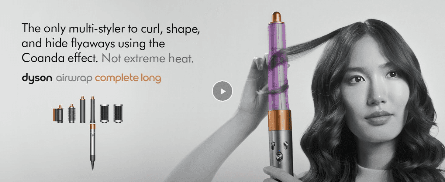 Tells shoppers this one styler curls, shapes and hides flyaways without extreme heat, backed by a video of it in use.