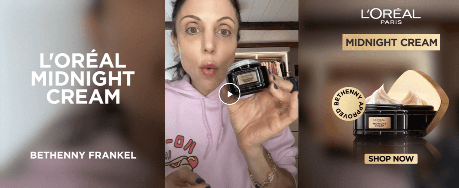 Shows an influencer holding the cream in a casual selfie-style video to build social proof. Ties the product to a well-known endorser and a Shop Now prompt to build trust.