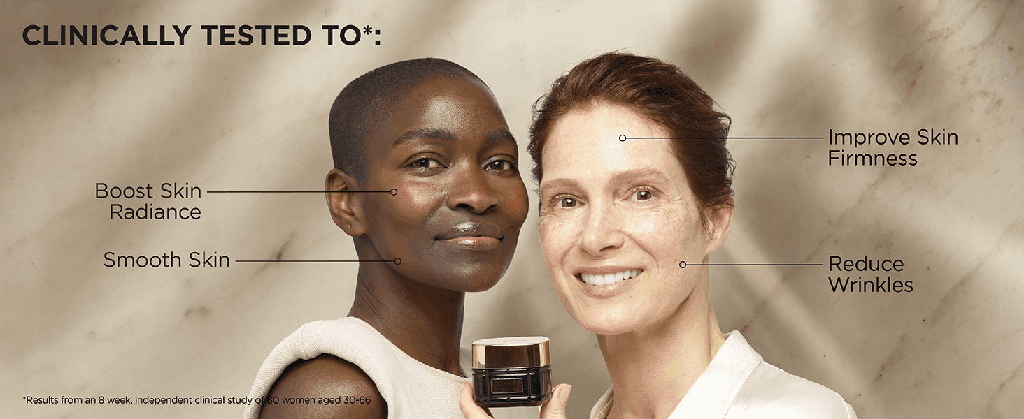 Lists four clinically tested skin benefits with callouts on real models, giving shoppers proof the cream delivers visible results.