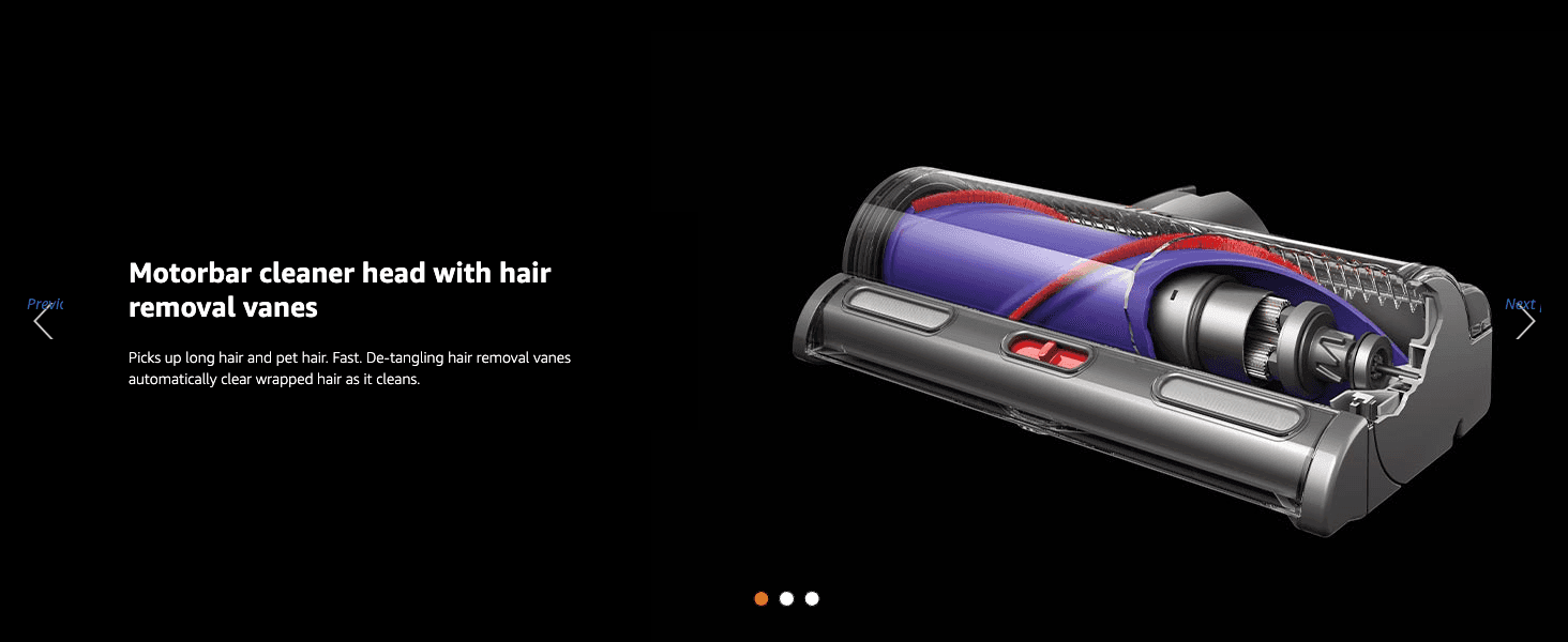 Explains how the Motorbar head's de-tangling vanes prevent hair wrap for faster, easier cleaning.