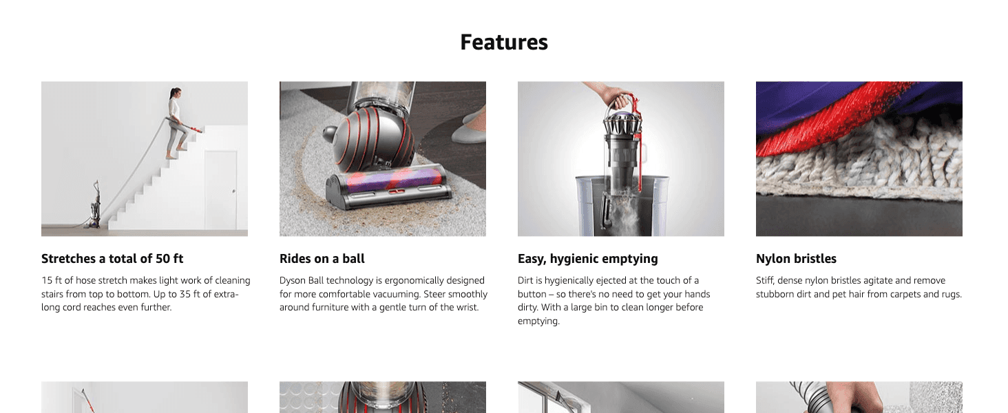 Highlights four distinct product benefits in a segmented grid to build a broad case for the vacuum's versatility.